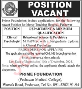 Prime Foundation Peshawar Jobs – Clinical Psychologist Position 2024 Advertisment